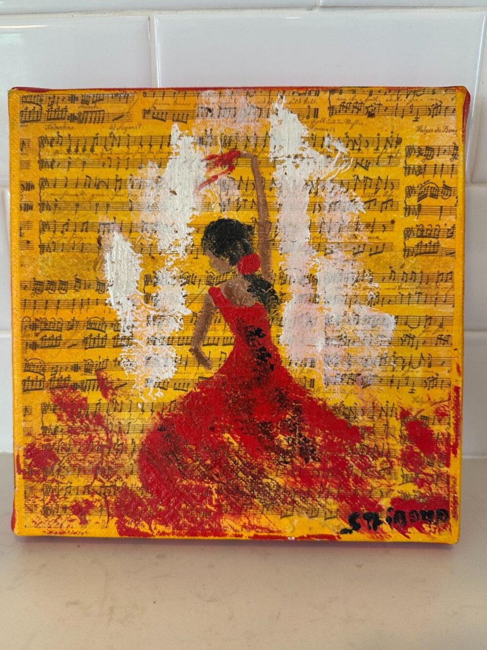 Hand Painted Flamenco Dancer on Music Score Acrylic Painting on Canvas 8x8